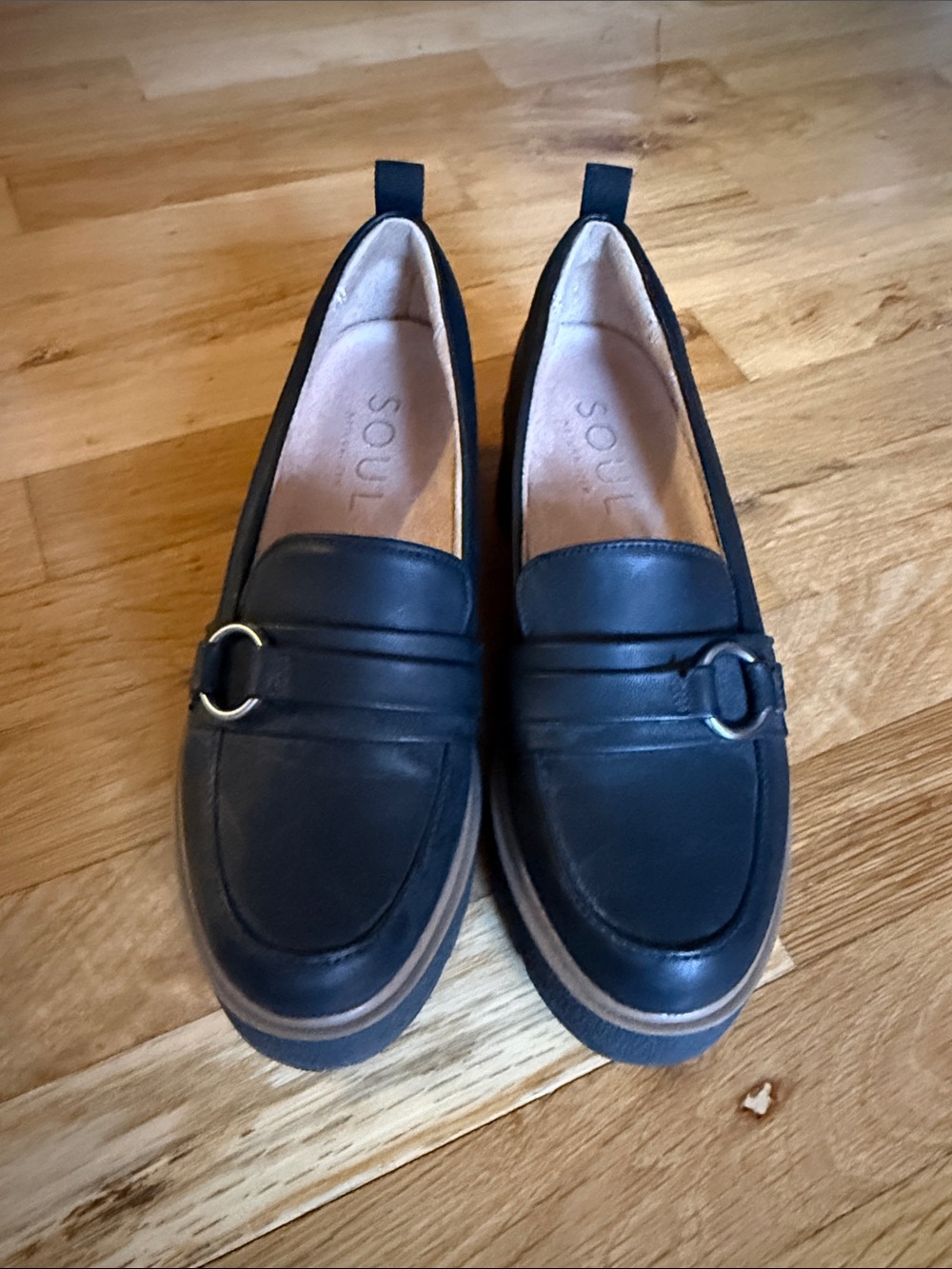 SOUL Naturalizer Black Leather Loafers with Gold Buckle